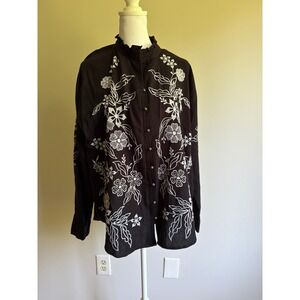 Calypso St Barth Womens Medium Brown Linen Embroidered Floral Boho Blouse Top